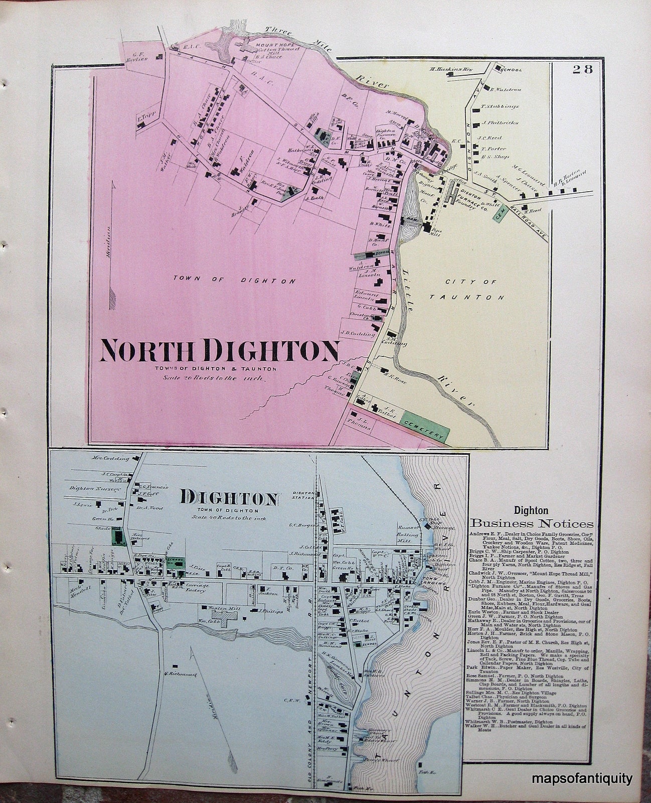 Antique-Hand-Colored-Map-North-Dighton-Dighton-p.-28-(MA)-Massachusetts-Bristol-County-1871-Beers-Maps-Of-Antiquity