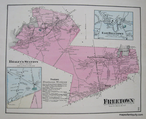Antique-Hand-Colored-Map-Freetown-p.-36-(MA)-Massachusetts-Bristol-County-1871-Beers-Maps-Of-Antiquity