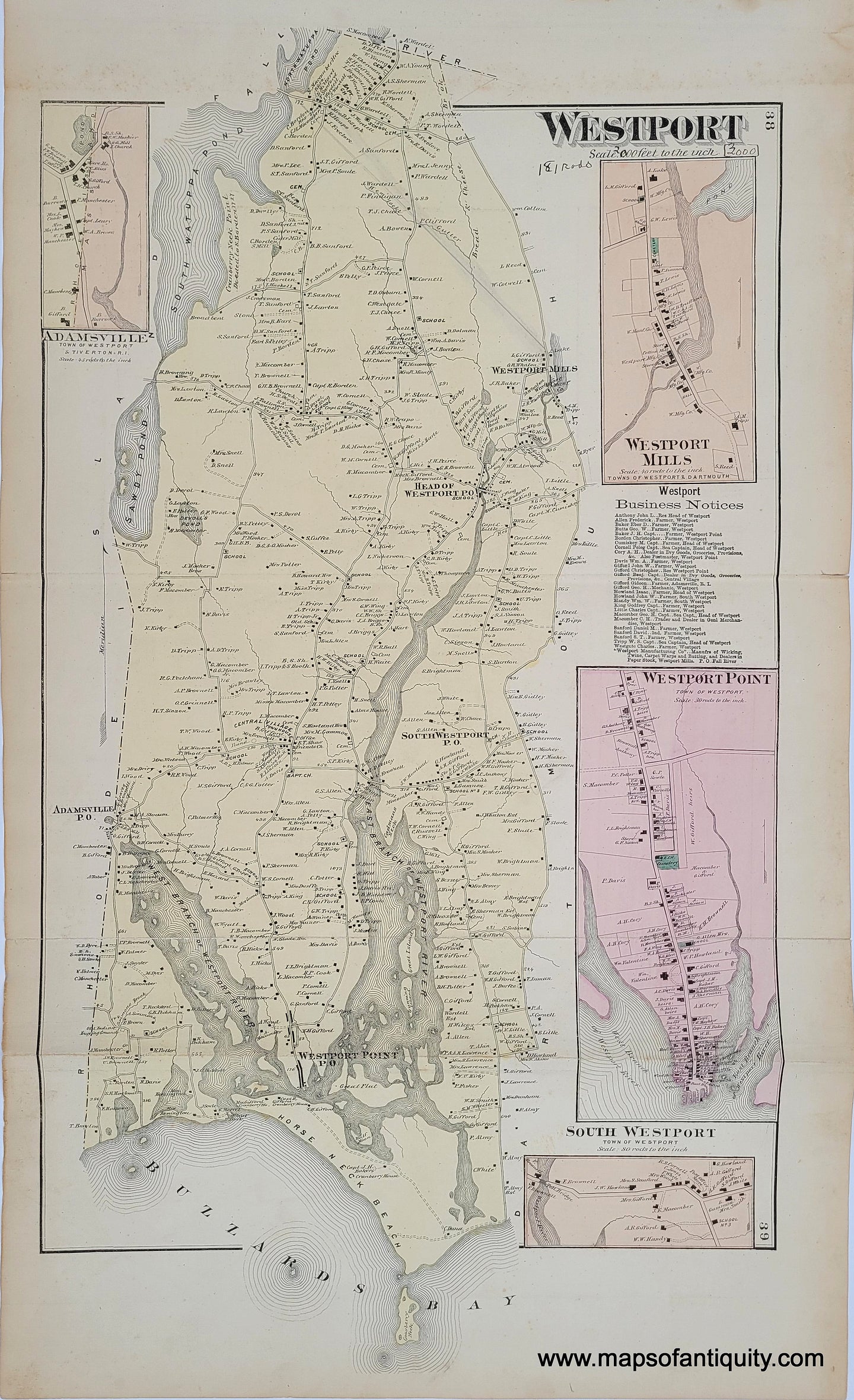 Genuine-Antique-Map-Westport-1871-Beers-Bristol-County-MA-Massachusetts-Maps-of-Antiquity