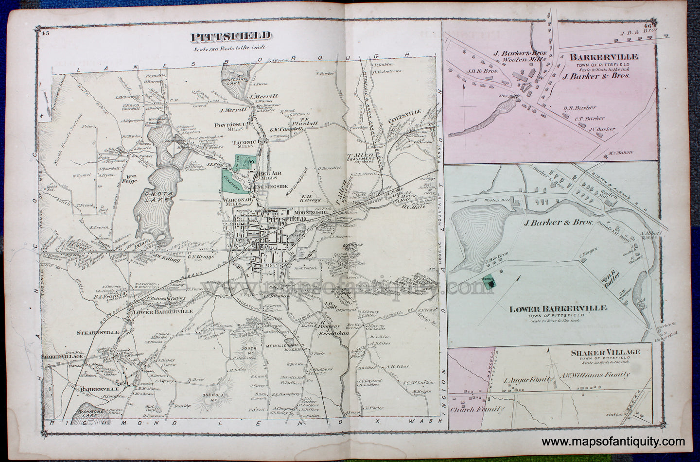 Antique-Hand-Colored-Map-Pittsfield-pp.-45-46-(MA)-******-United-States-Northeast-1876-Beers-Maps-Of-Antiquity