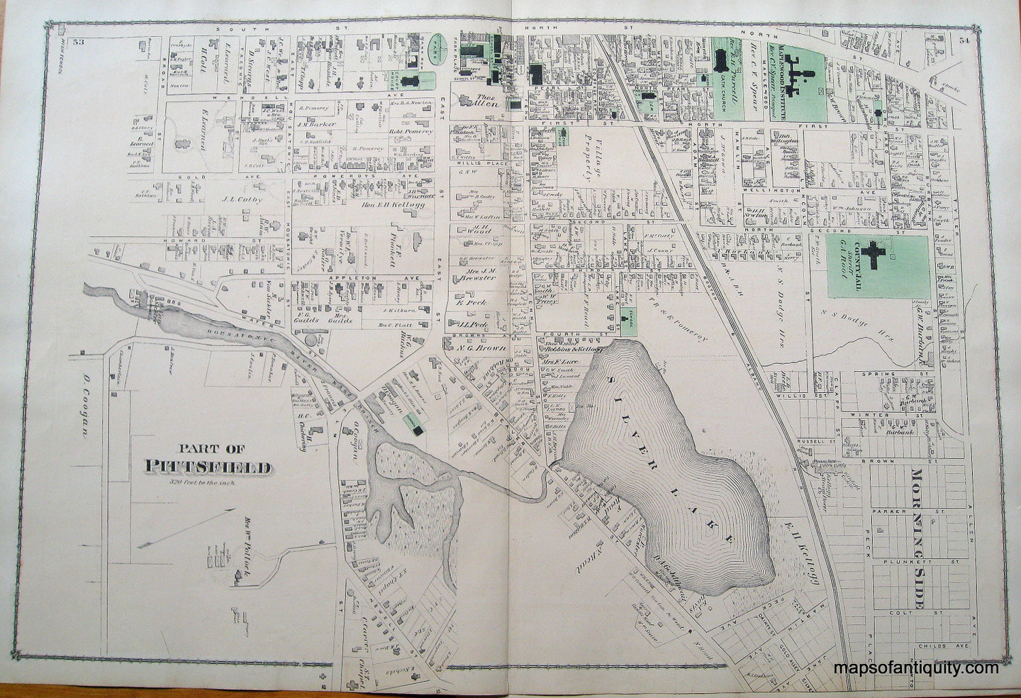 Antique-Hand-Colored-Map-Part-of-Pittsfield-pp.-53-54-(MA)-United-States-Northeast-1876-Beers-Maps-Of-Antiquity