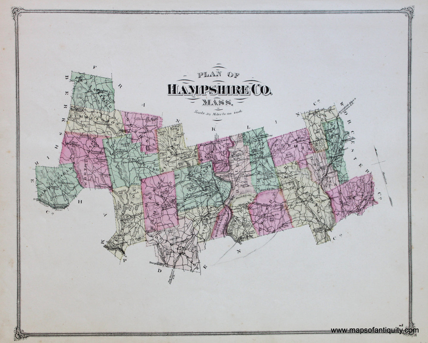 Antique-Hand-Colored-Map-Plan-of-Hampshire-Co.-Mass.-p.-7-Massachusetts-Hampshire-County-1873-Beers-Maps-Of-Antiquity