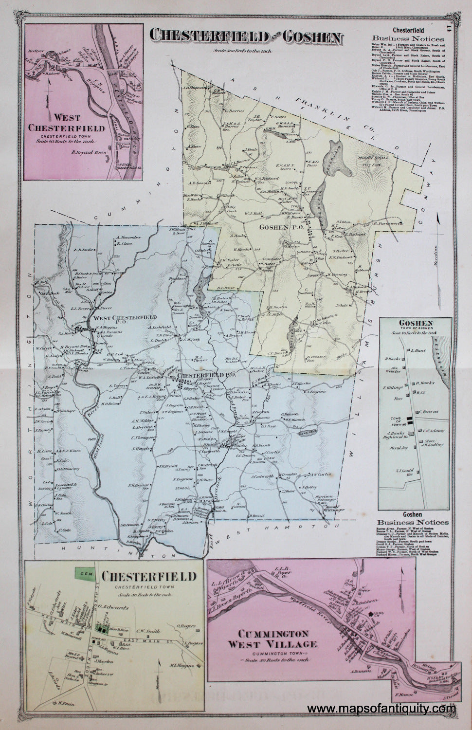 Antique-Hand-Colored-Map-Chesterfield-and-Goshen-West-Chesterfield-Cummington-West-Village-pp.-14-15-(MA)-Massachusetts-Hampshire-County-1873-Beers-Maps-Of-Antiquity