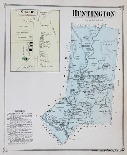 Antique-Hand-Colored-Map-Huntington-Granby-p.-53-(MA)-Massachusetts-Hampshire-County-1873-Beers-Maps-Of-Antiquity