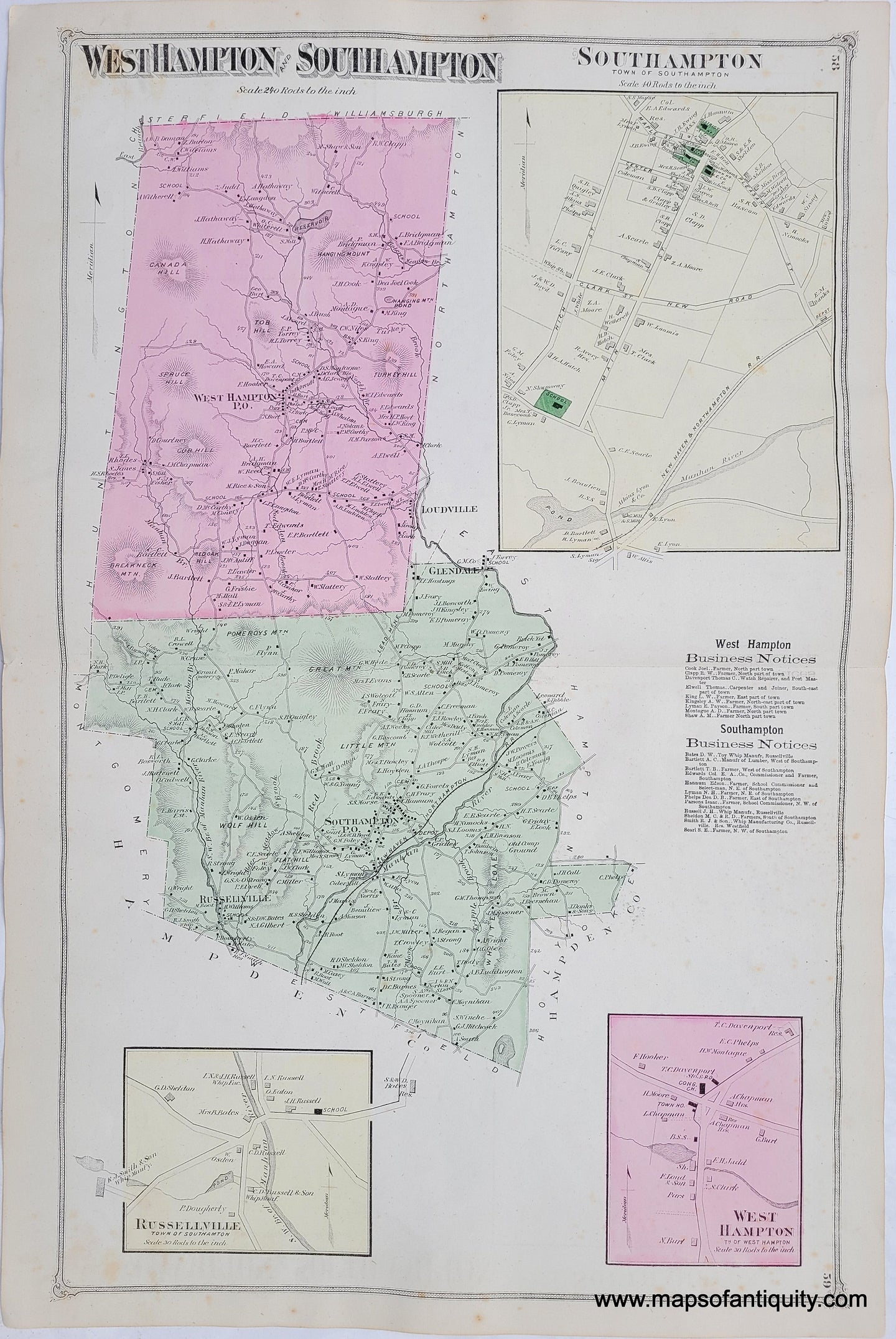 Antique-Hand-Colored-Map-Westhampton-and-Southampton-pp.-58-59-(MA)-Massachusetts-Hampshire-County-1873-Beers-Maps-Of-Antiquity