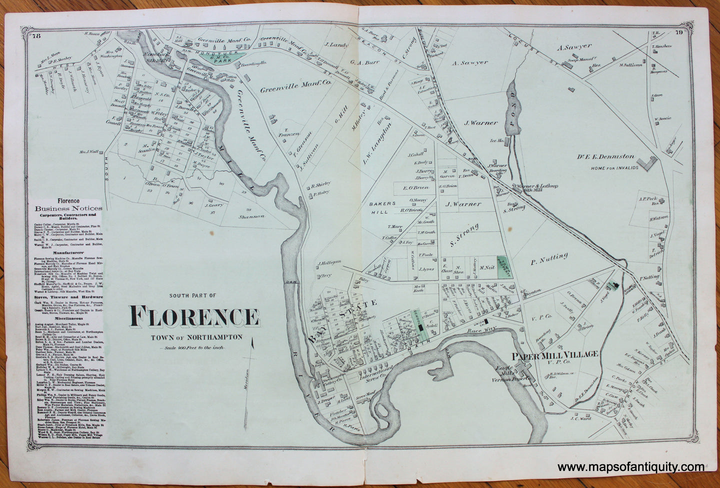 Antique-Hand-Colored-Map-South-Part-of-Florence-pp.-78-79-(MA)-Massachusetts-Hampshire-County-1873-Beers-Maps-Of-Antiquity