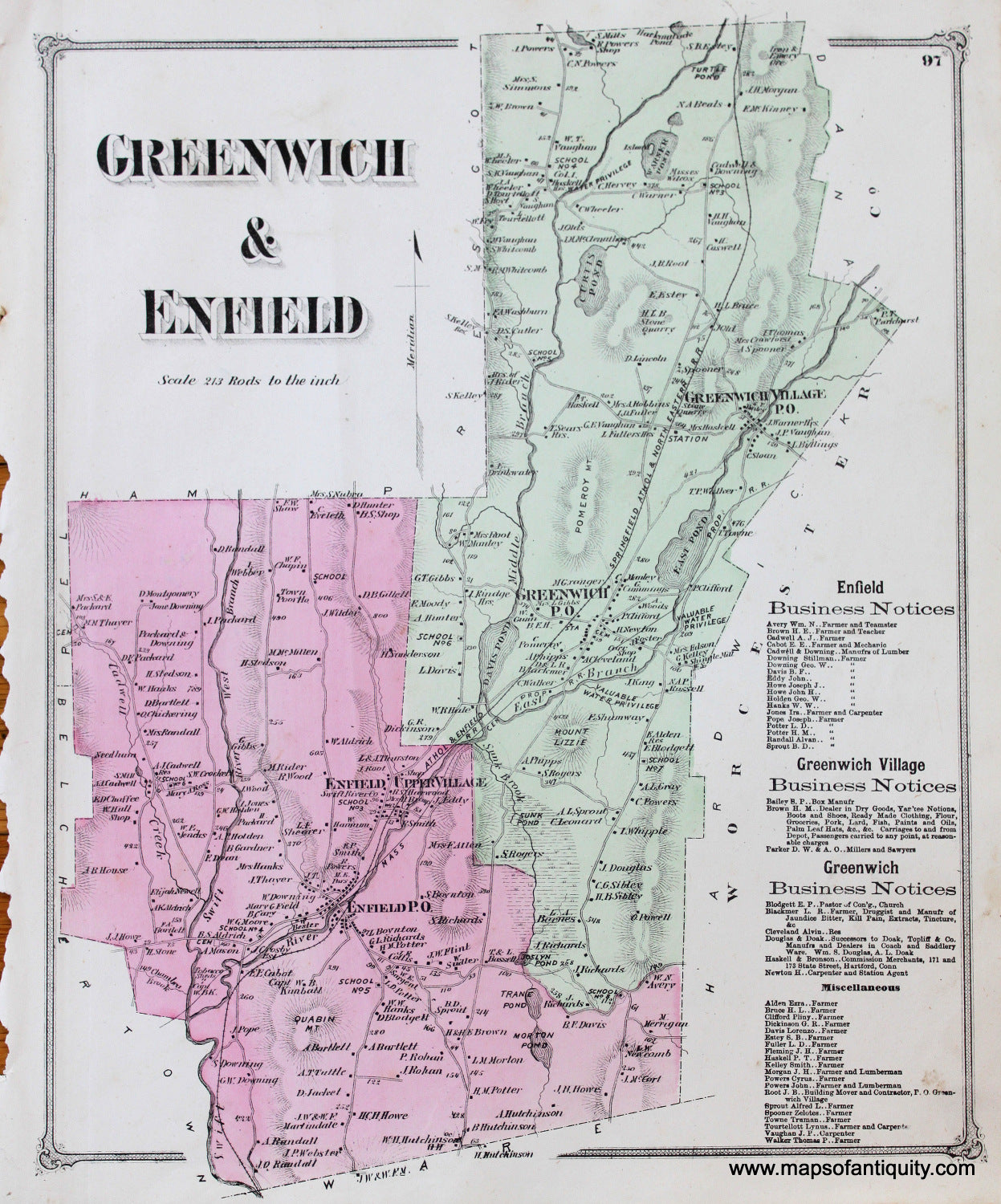 Antique-Hand-Colored-Map-Greenwich-and-Enfield-p.-97-(MA)-Massachusetts-Hampshire-County-1873-Beers-Maps-Of-Antiquity