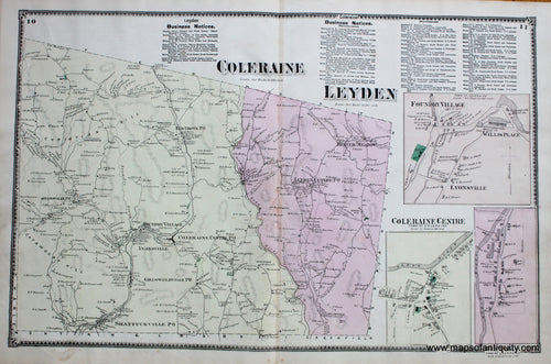 Antique-Hand-Colored-Map-Coleraine-and-Leyden-pp.-10-11-(MA)-Massachusetts-Franklin-County-1871-Beers-Maps-Of-Antiquity