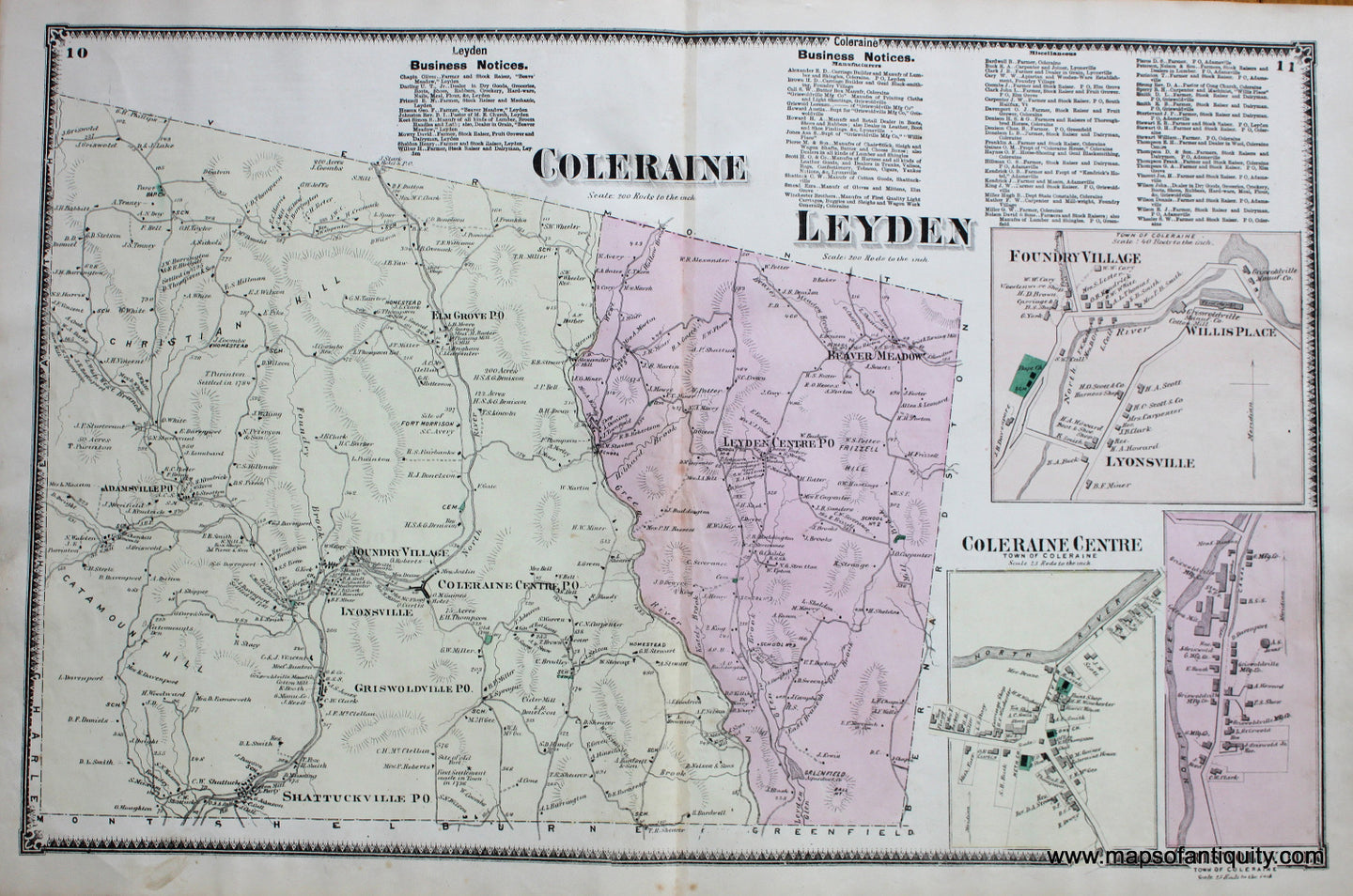 Antique-Hand-Colored-Map-Coleraine-and-Leyden-pp.-10-11-(MA)-Massachusetts-Franklin-County-1871-Beers-Maps-Of-Antiquity