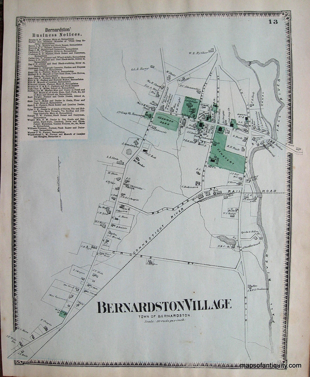 Antique-Hand-Colored-Map-Bernardston-Village-p.-13-(MA)-Massachusetts-Franklin-County-1871-Beers-Maps-Of-Antiquity