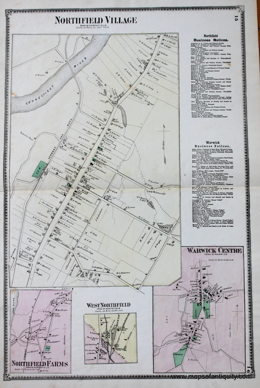 Antique-Hand-Colored-Map-Northfield-Village-Northfield-Farms-Warwick-Centre-pp.-15-16-(MA)-Massachusetts-Franklin-County-1871-Beers-Maps-Of-Antiquity