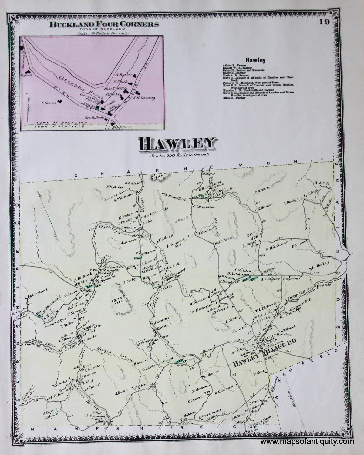 Antique-Hand-Colored-Map-Hawley-p.-19-(MA)-Massachusetts-Franklin-County-1871-Beers-Maps-Of-Antiquity