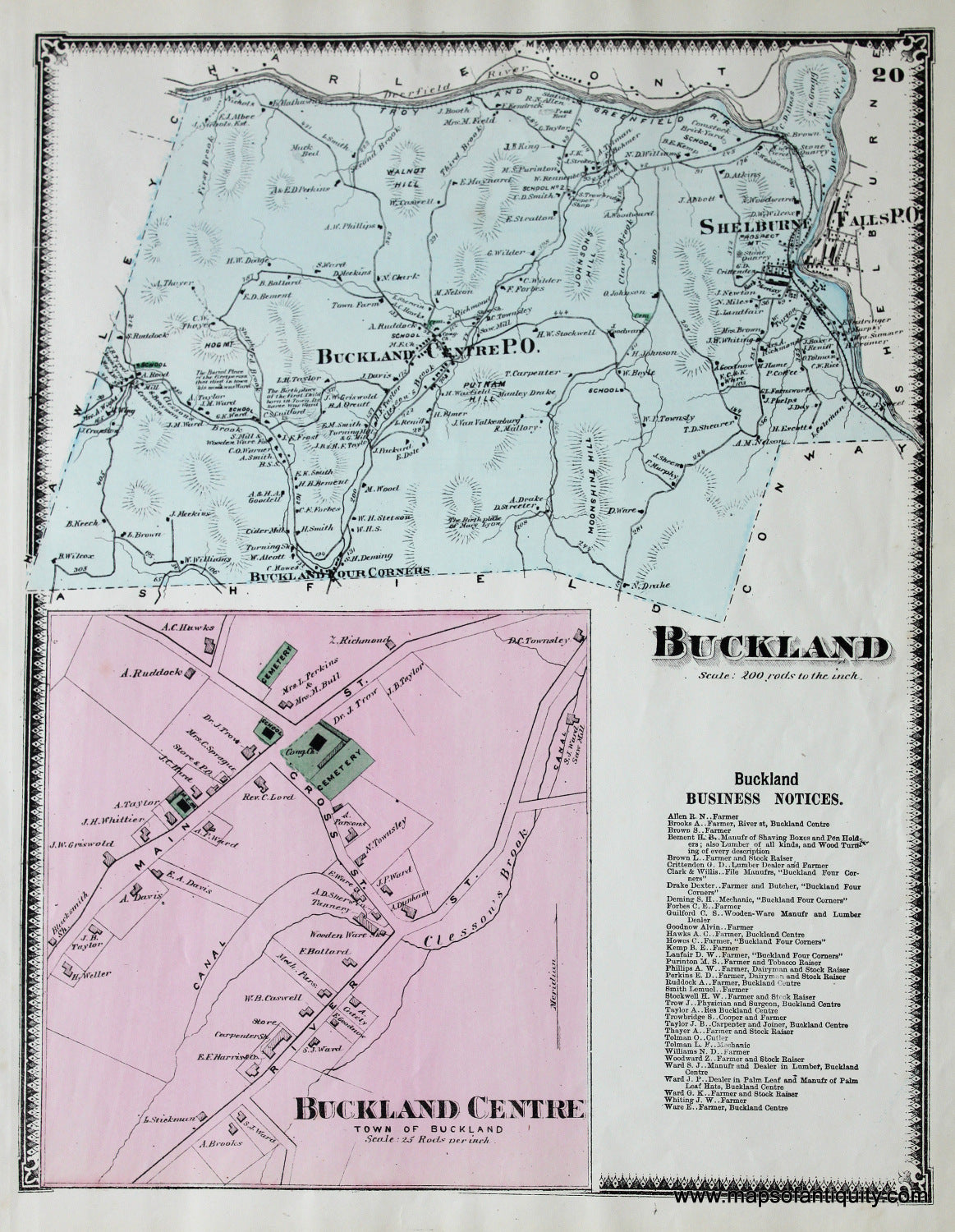Antique-Hand-Colored-Map-Buckland-p.-20-(MA)-Massachusetts-Franklin-County-1871-Beers-Maps-Of-Antiquity