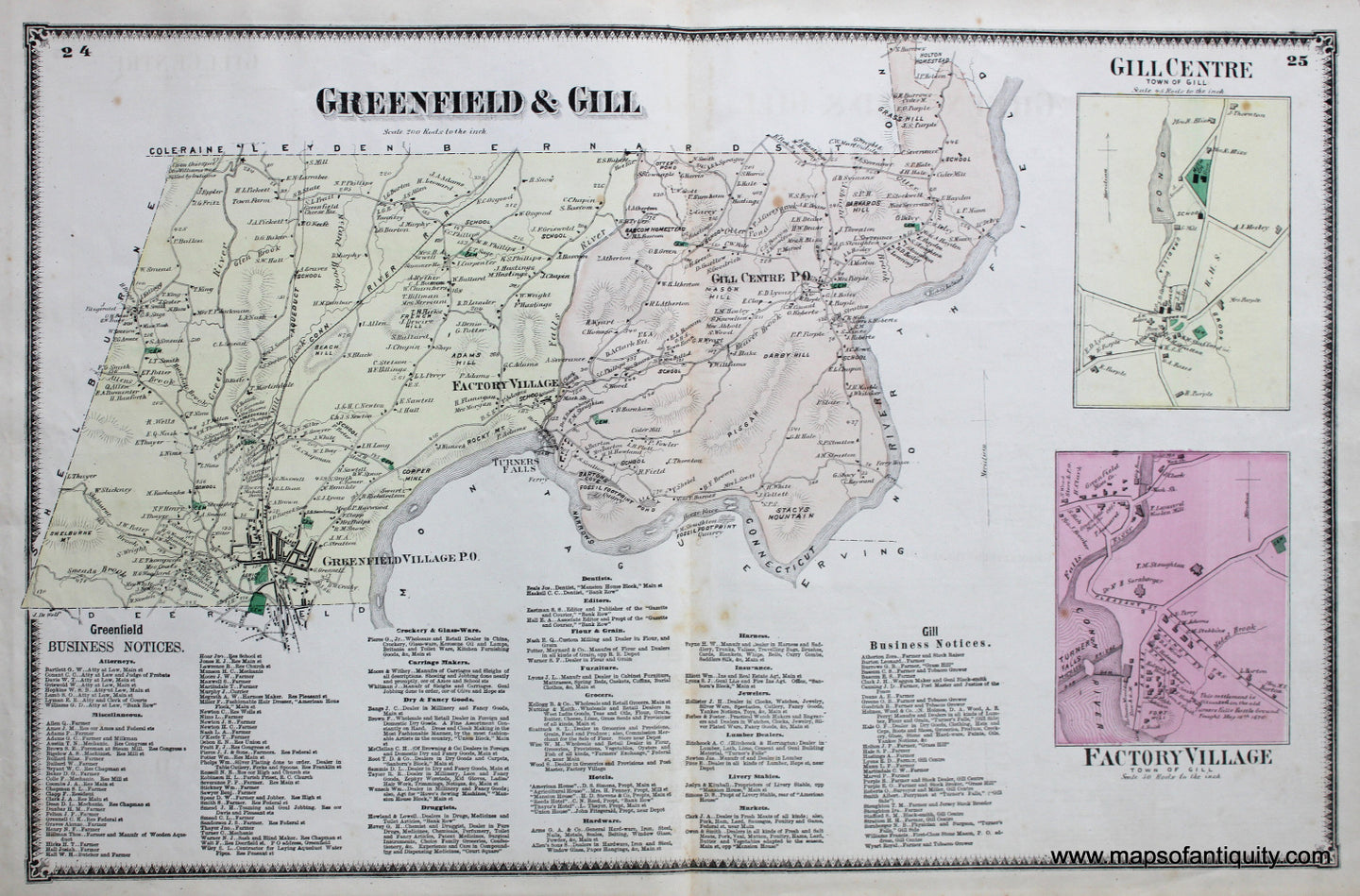 Antique-Hand-Colored-Map-Greenfield-and-Gill-pp.-24-25--(MA)-Massachusetts-Franklin-County-1871-Beers-Maps-Of-Antiquity