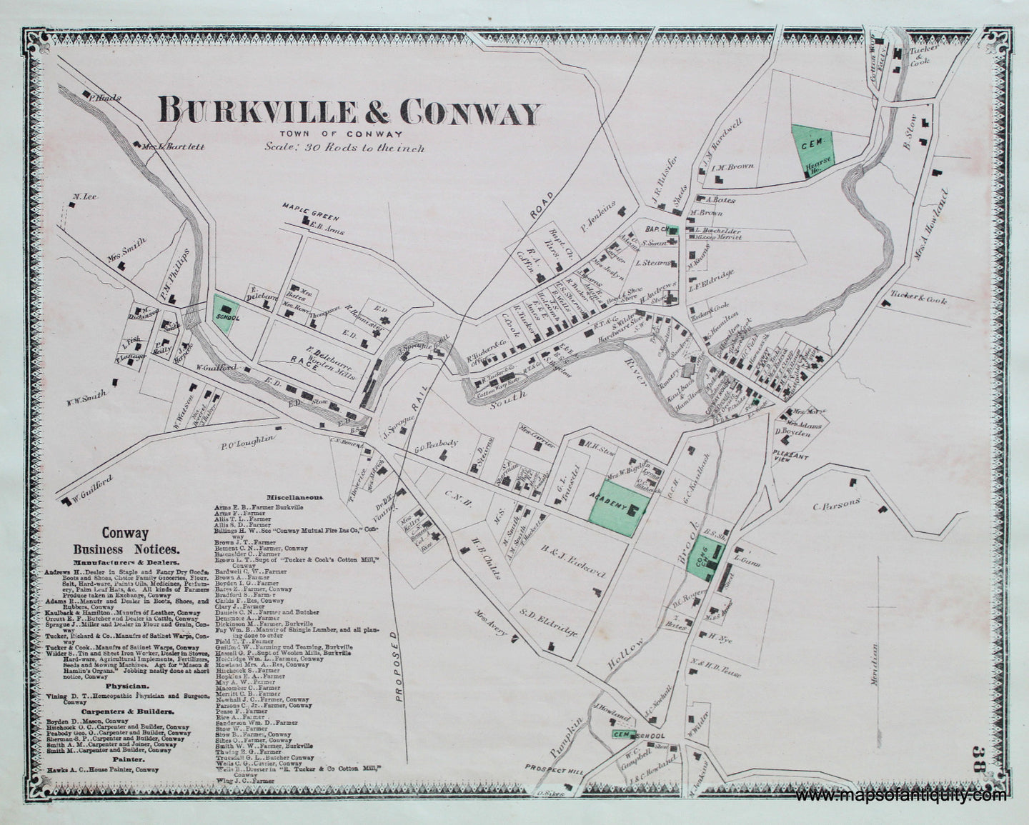 Antique-Hand-Colored-Map-Burkville-and-Conway-p.-38-(MA)-Massachusetts-Franklin-County-1871-Beers-Maps-Of-Antiquity