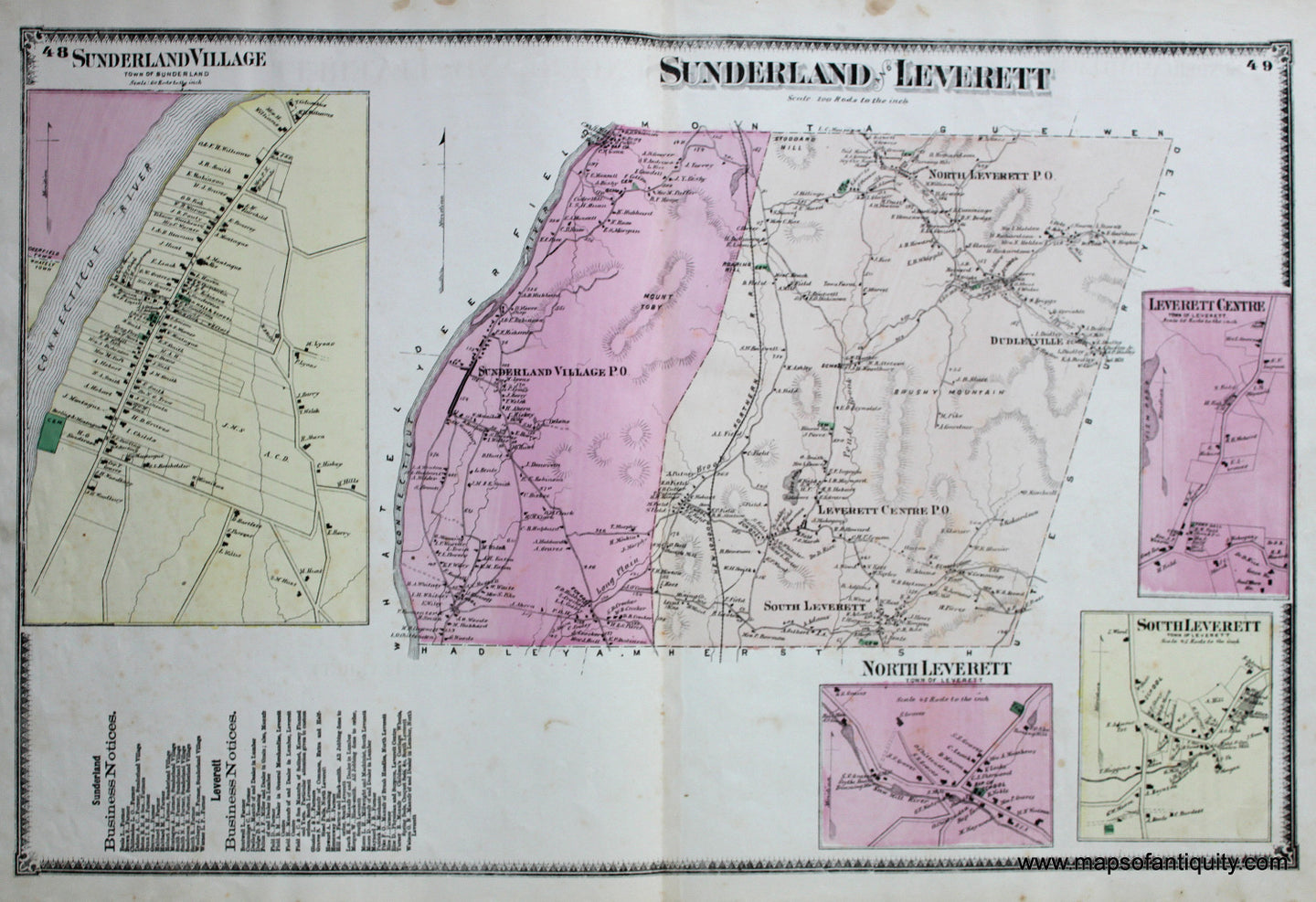 Antique-Hand-Colored-Map-Sunderland-and-Leverett-pp.-48-49-(MA)-Massachusetts-Franklin-County-1871-Beers-Maps-Of-Antiquity