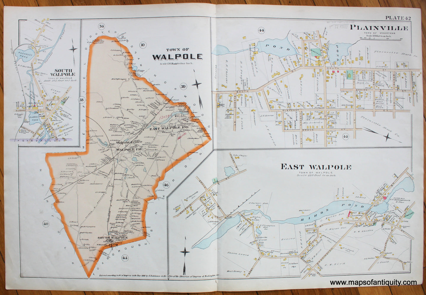 Antique-Map-Town-of-Walpole-with-South-Walpole-East-Walpole-and-Plainville-(Wrentham)-MA-Plate-42