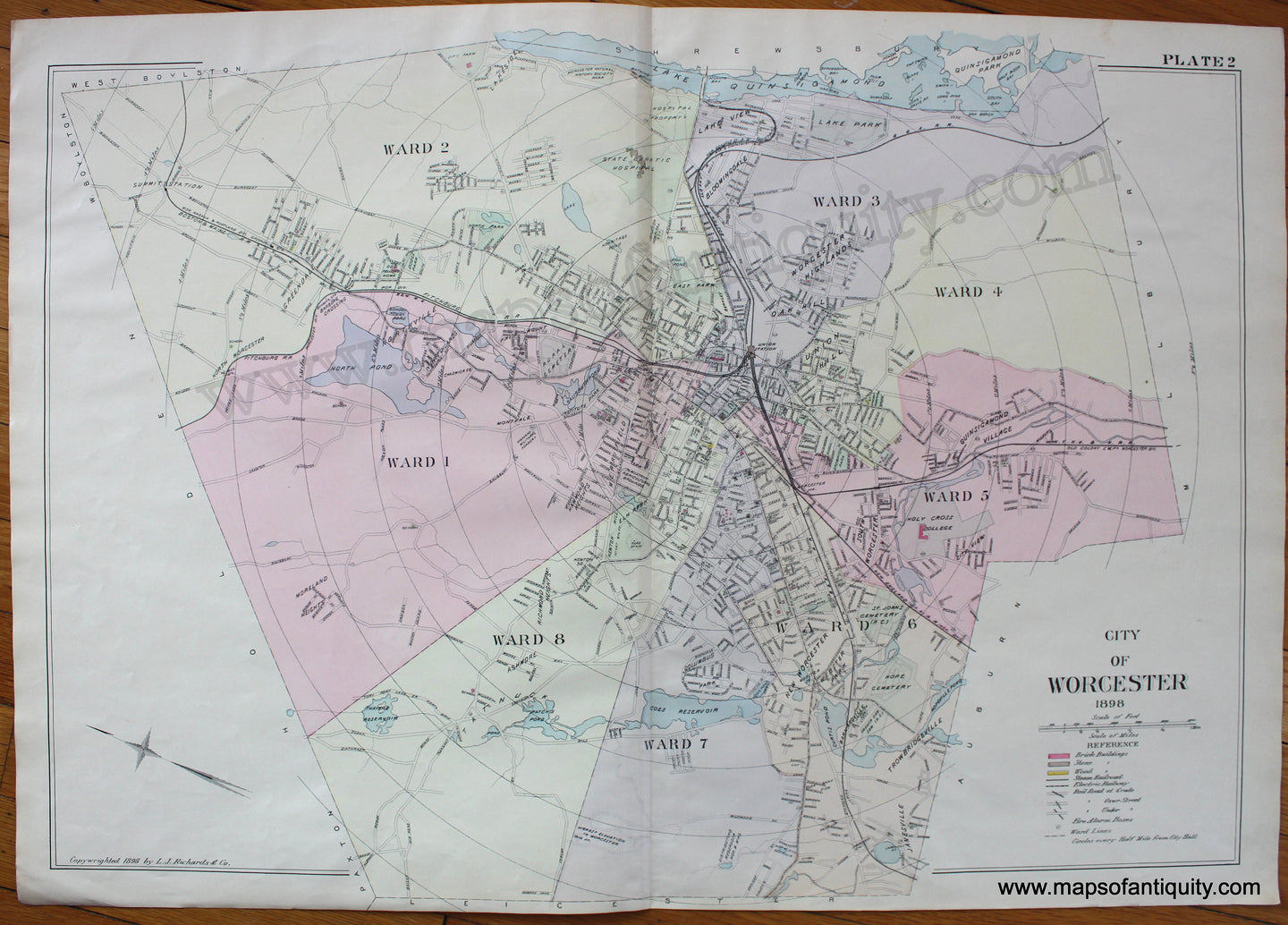 Antique-Hand-Colored-Map-City-of-Worcester-1898-Plate-2-(MA)-Massachusetts-Worcester-County-1898-Richards-Maps-Of-Antiquity