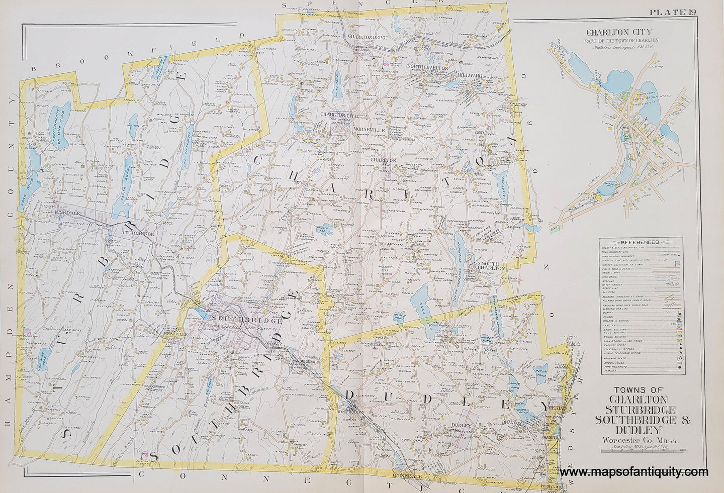 Antique-Hand-Colored-Map-Towns-of-Charlton-Sturbridge-Southbridge-and-Dudley-Plate-19-(MA)-Massachusetts-Worcester-County-1898-Richards-Maps-Of-Antiquity