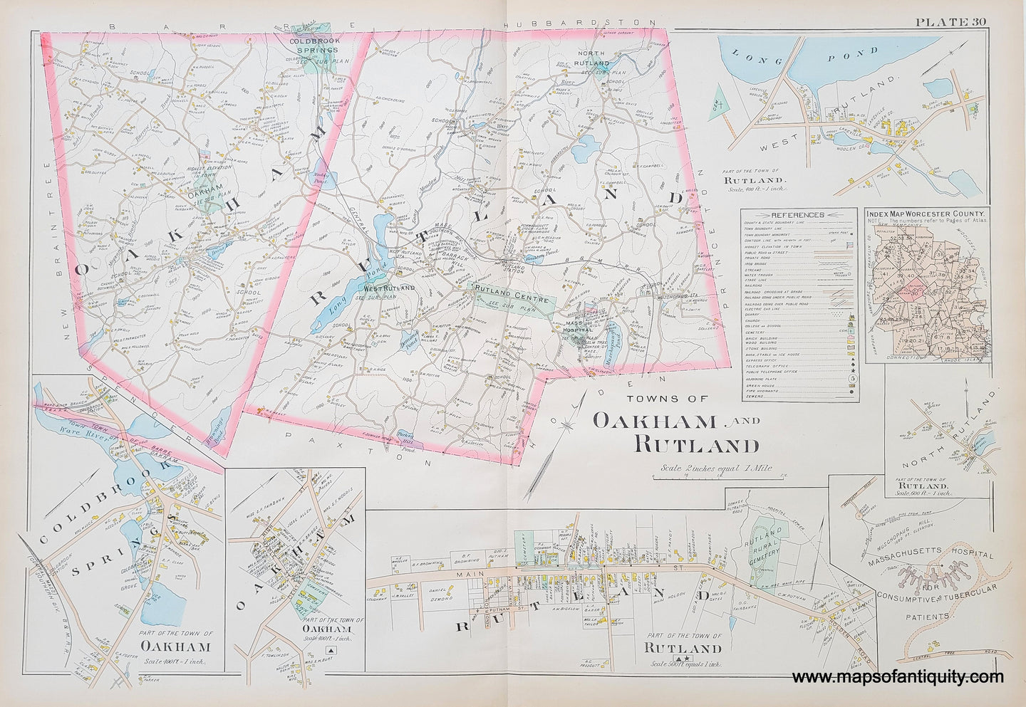 Antique-Hand-Colored-Map-Towns-of-Oakham-and-Rutland-Plate-30-(MA)-Massachusetts-Worcester-County-1898-Richards-Maps-Of-Antiquity