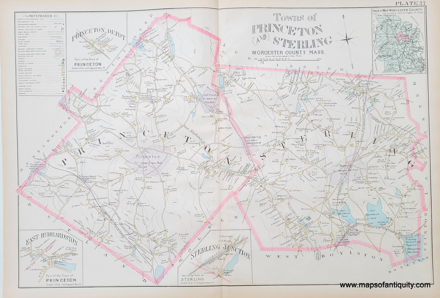 Antique-Map-Towns-of-Princeton-and-Sterling-Plate-37-1898-Worcester-County-Massachusetts-Richards