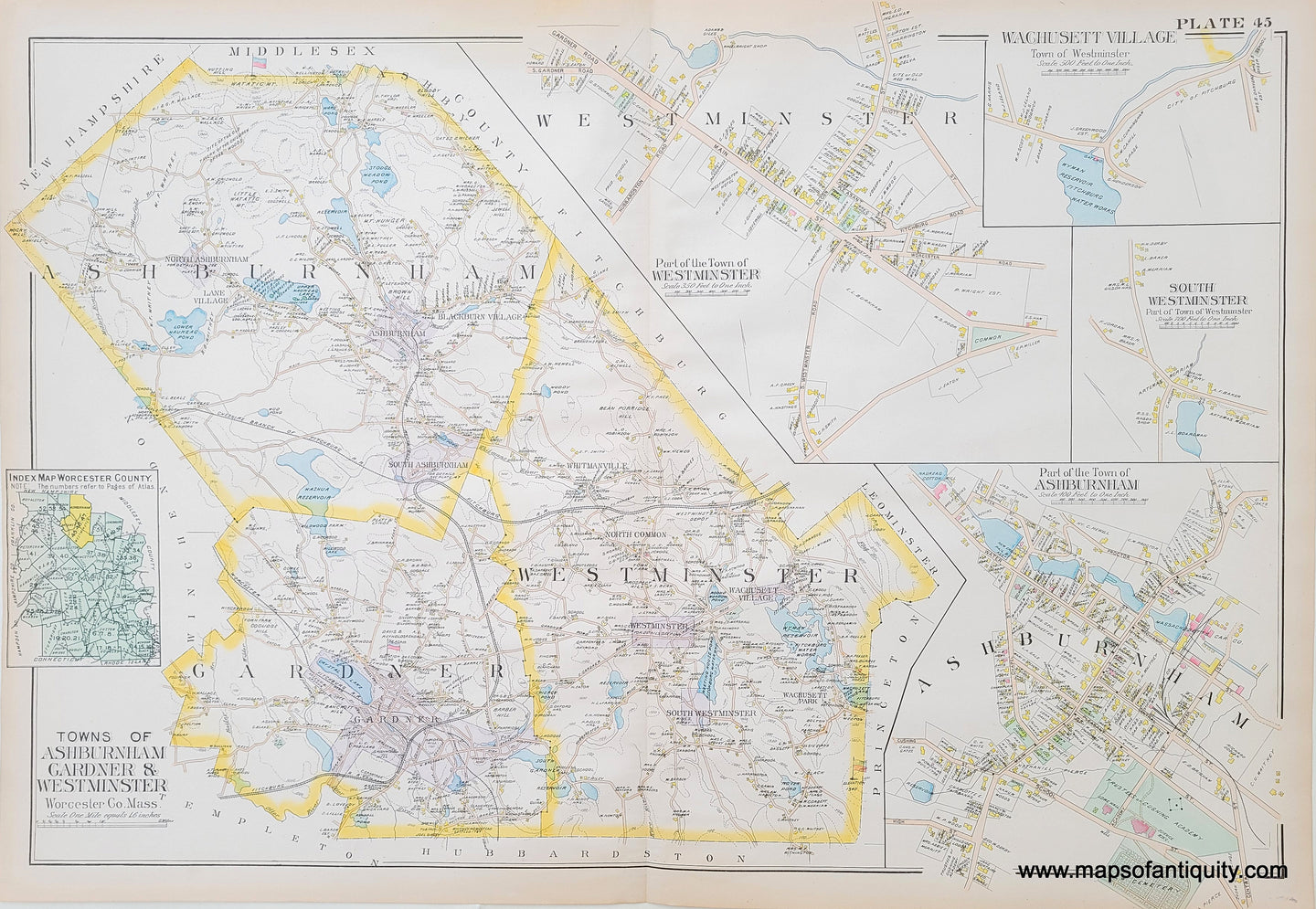 MAS1281-Antique-Map-Towns-of-Ashburnham-Gardner-and-Westminster-Plate-45-Worcester-County-Massachusetts-1898-Richards
