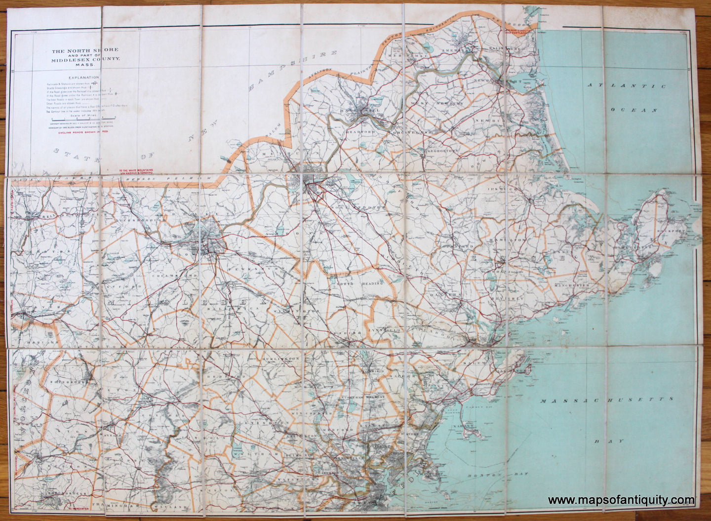 Antique-Folding-Map-Cyclist's-Road-Map-of-the-North-Shore-and-part-of-Middlesex-County-Massachusetts.-US-Massachusetts-Essex-County-1902-Walker-Maps-Of-Antiquity