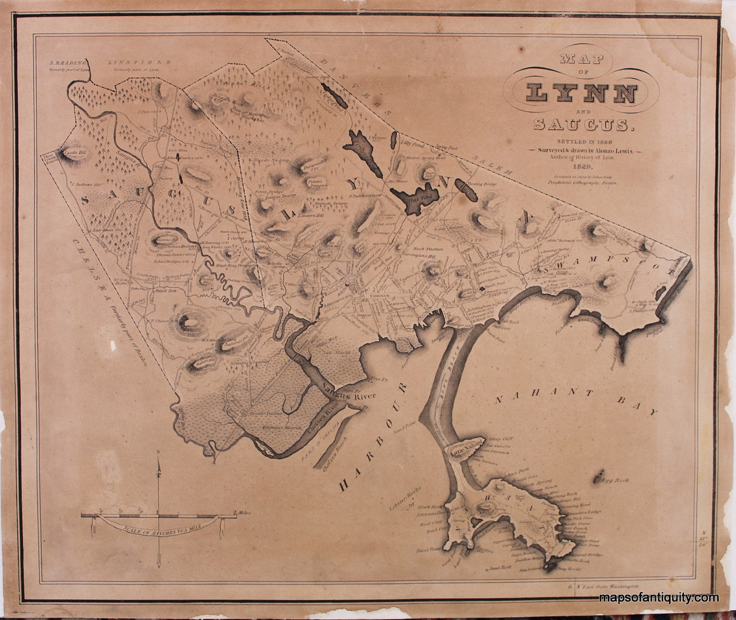 Antique-Black-and-White-Map-Map-of-Lynn-and-Saugus.-Settled-in-1629.-US-Massachusetts-Lynn-1829-Lewis-Maps-Of-Antiquity