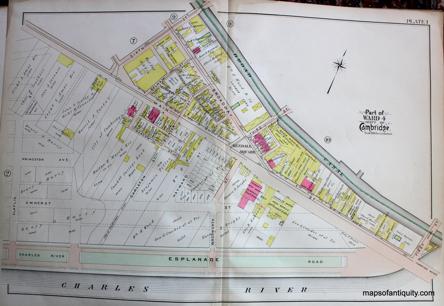 Antique-Hand-Colored-Map-City-of-Cambridge-MA-Part-of-Ward-4-Kendall-Square-US-Massachusetts-Cambridge-1903-Bromley-Maps-Of-Antiquity