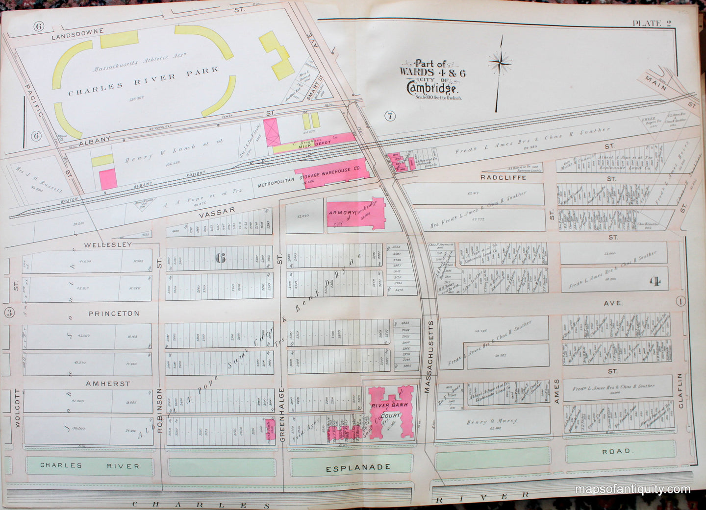 Antique-Hand-Colored-Map-City-of-Cambridge-MA-Part-of-Ward-4-&-6-Charles-River-Park-US-Massachusetts-Cambridge-1903-Bromley-Maps-Of-Antiquity