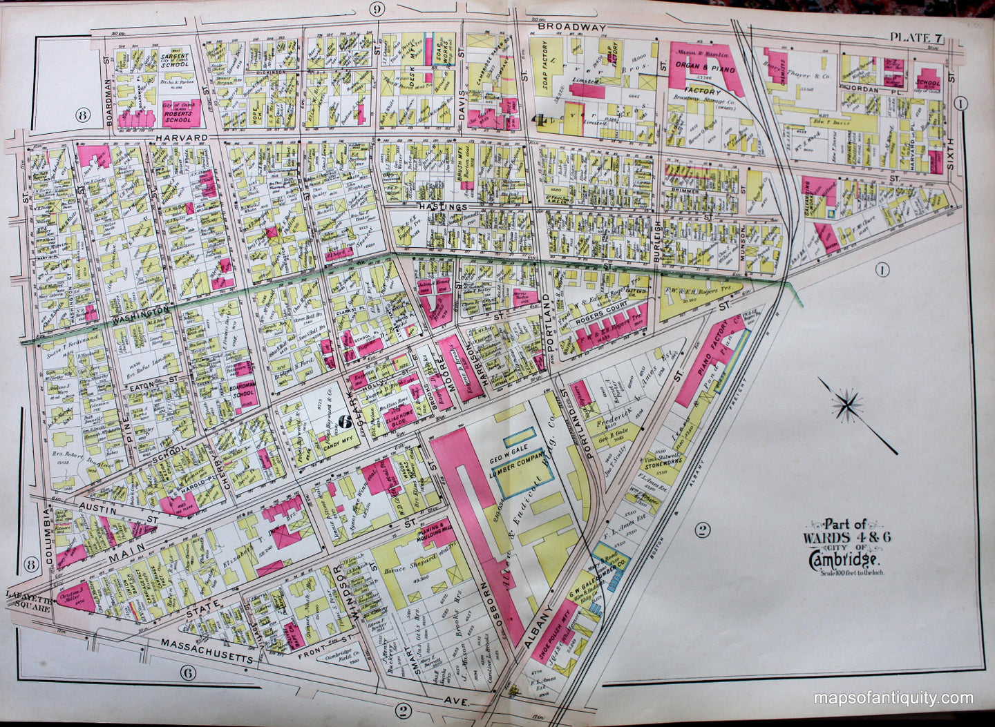 Antique-Hand-Colored-Map-City-of-Cambridge-MA-Part-of-Wards-4-&-6-Lafayette-Square-Main-Street-Harvard-Street-Albany-Street-US-Massachusetts-Cambridge-1903-Bromley-Maps-Of-Antiquity