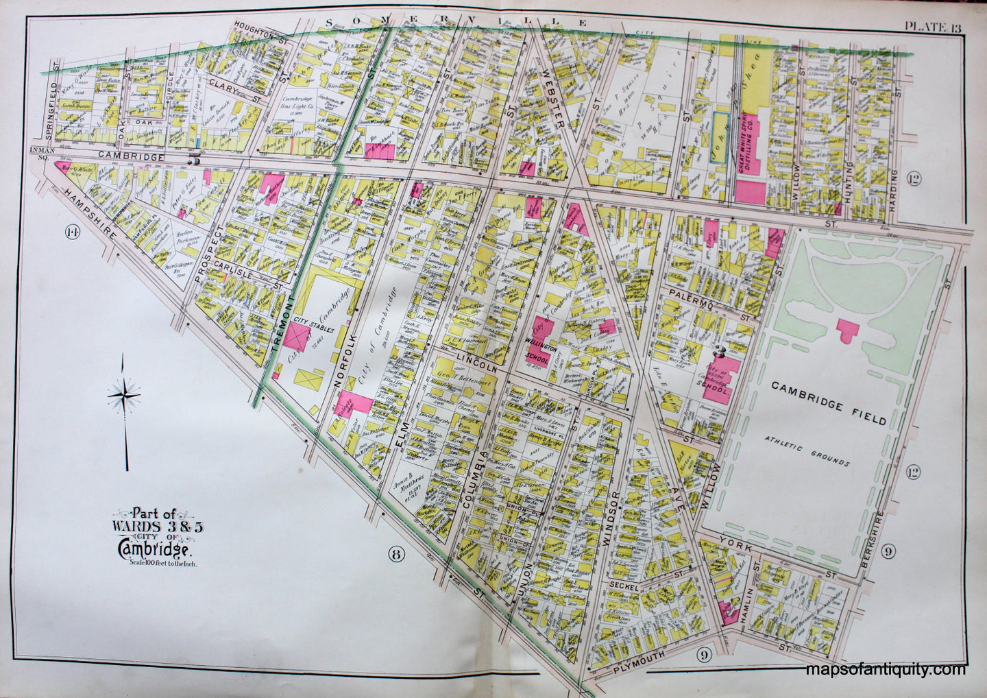 Antique-Hand-Colored-Map-City-of-Cambridge-MA-Part-of-Wards-3-&-5-Cambridge-Field-US-Massachusetts-Cambridge-1903-Bromley-Maps-Of-Antiquity