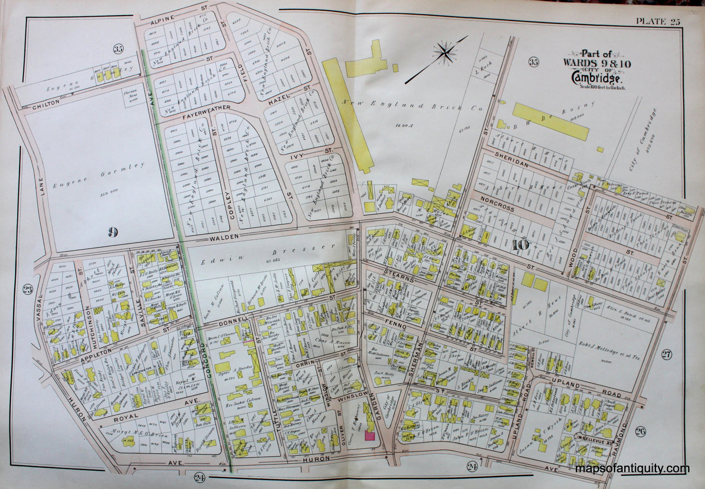 Antique-Hand-Colored-Map-City-of-Cambridge-MA-Part-of-Wards-9-&-10-US-Massachusetts-Cambridge-1903-Bromley-Maps-Of-Antiquity