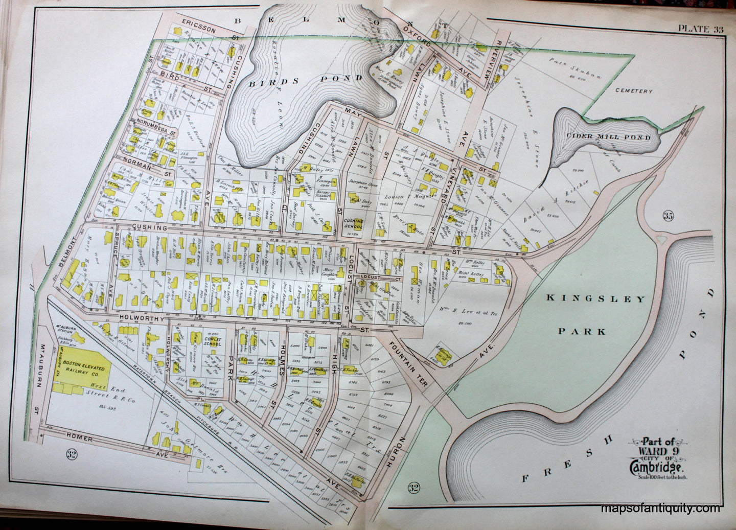 Antique-Hand-Colored-Map-City-of-Cambridge-MA-Part-of-Ward-9-Kingsley-Park-US-Massachusetts-Cambridge-1903-Bromley-Maps-Of-Antiquity