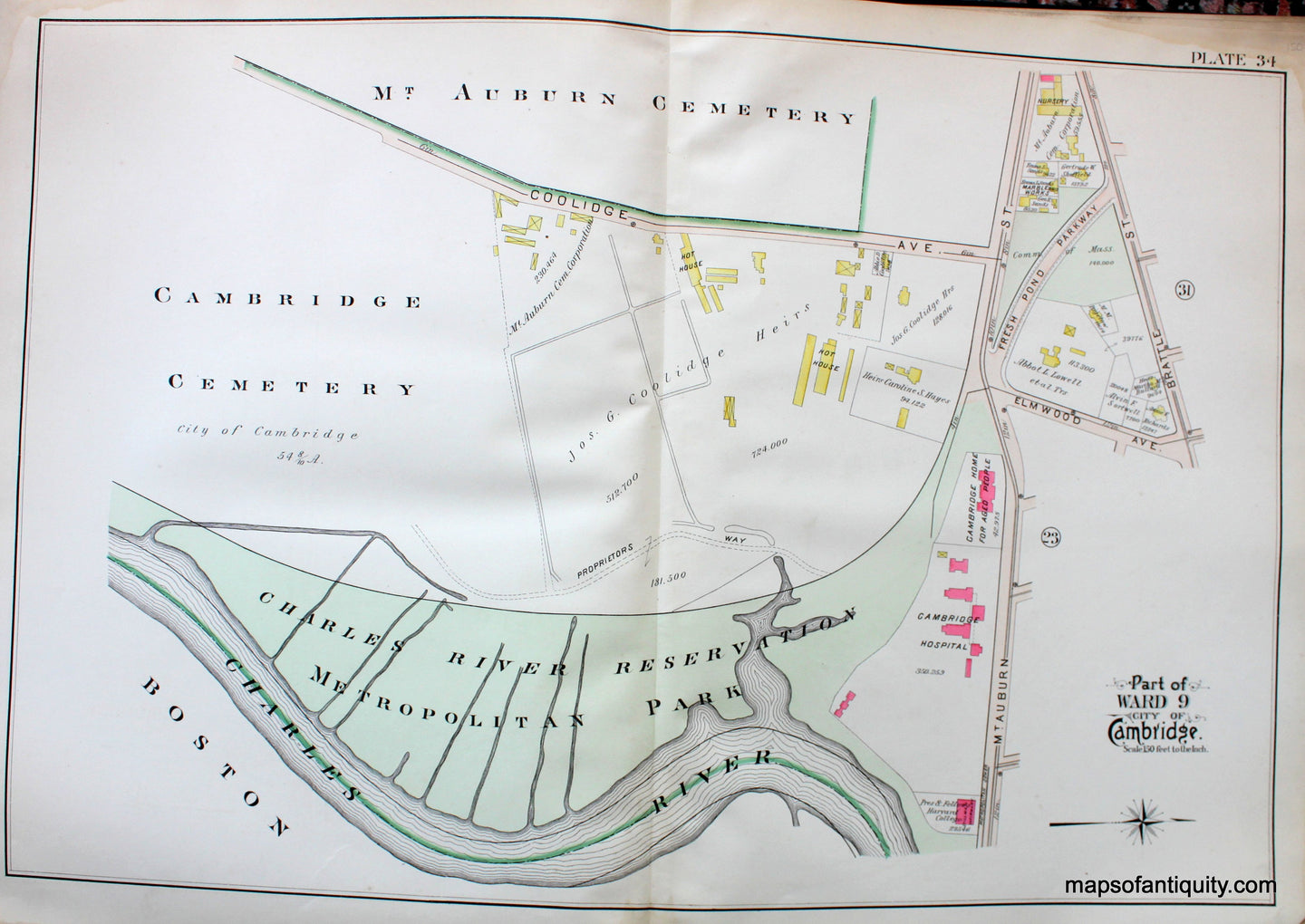 Antique-Hand-Colored-Map-City-of-Cambridge-MA-Part-of-Ward-9-Charles-River-Reservation-US-Massachusetts-Cambridge-1903-Bromley-Maps-Of-Antiquity