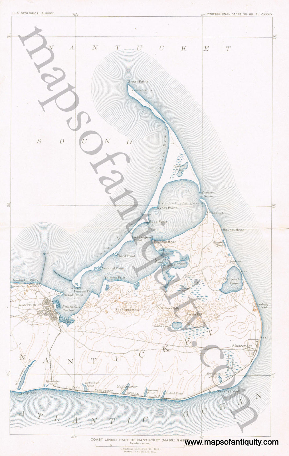 Antique-Printed-Color-Map-Coast-Lines:-Part-of-Nantucket-(Mass.)-Sheet-Nantucket-Geological-Maps--1893-USGS-Maps-Of-Antiquity