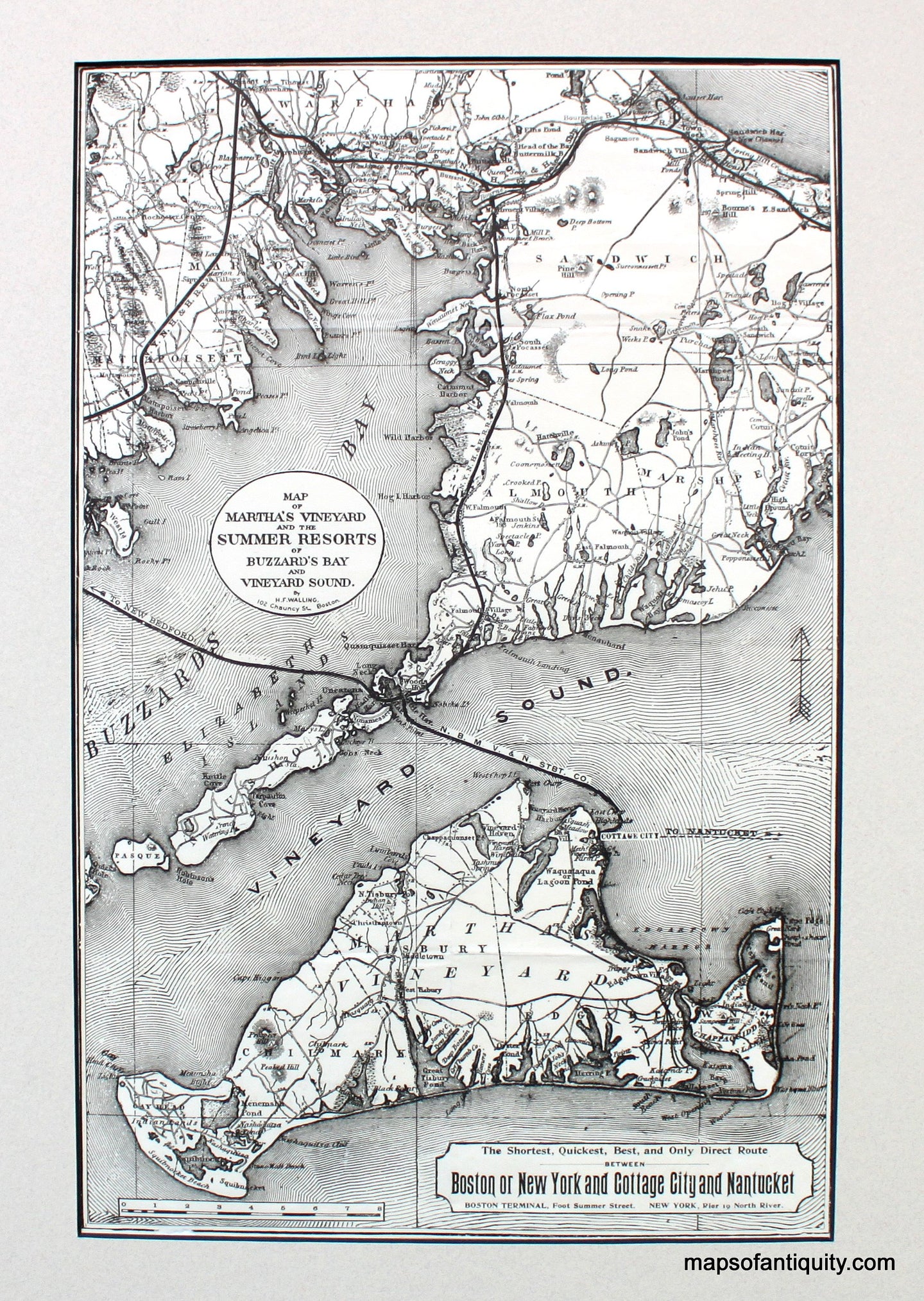 Antique-Black-and-White-Map-Old-Colony-Line-Map-of-Martha's-Vineyard-and-the-Summer-Resorts-of-Buzzard's-Bay-and-Vineyard-Sound.-**********-US-Massachusetts-Cape-Cod-and-Islands-c.-1871-Walling-Maps-Of-Antiquity