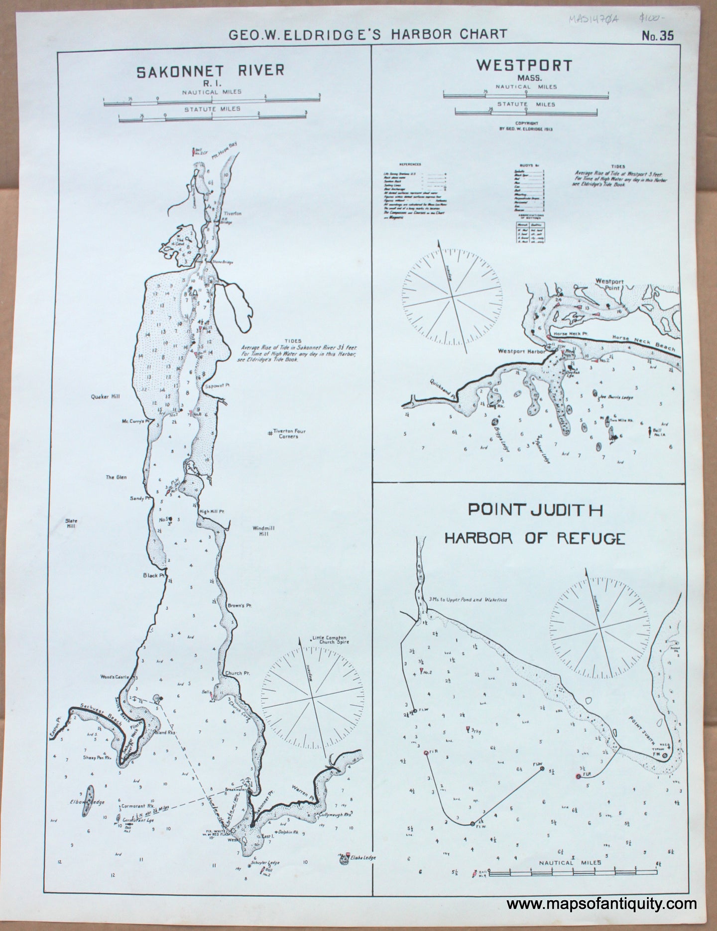 1910 - Sakonnet River, RI; Westport, Mass.; Point Judith Harbor of Refuge - Antique Chart