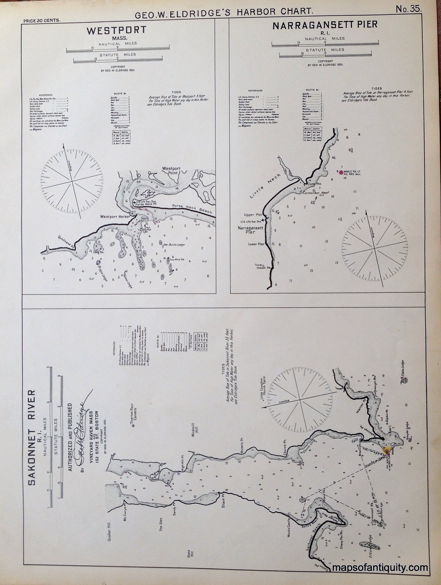 Black-and-White-Antique--Nautical-Chart-Westport-Mass.-Narragansett-Pier-and-Sakonnet-River-RI--United-States-Mass.-Other-1901-Eldridge-Maps-Of-Antiquity