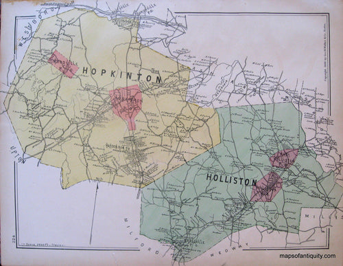 Antique-Hand-Colored-Map-Hopkinton/Holliston-United-States-Massachusetts-1889-Walker-Maps-Of-Antiquity