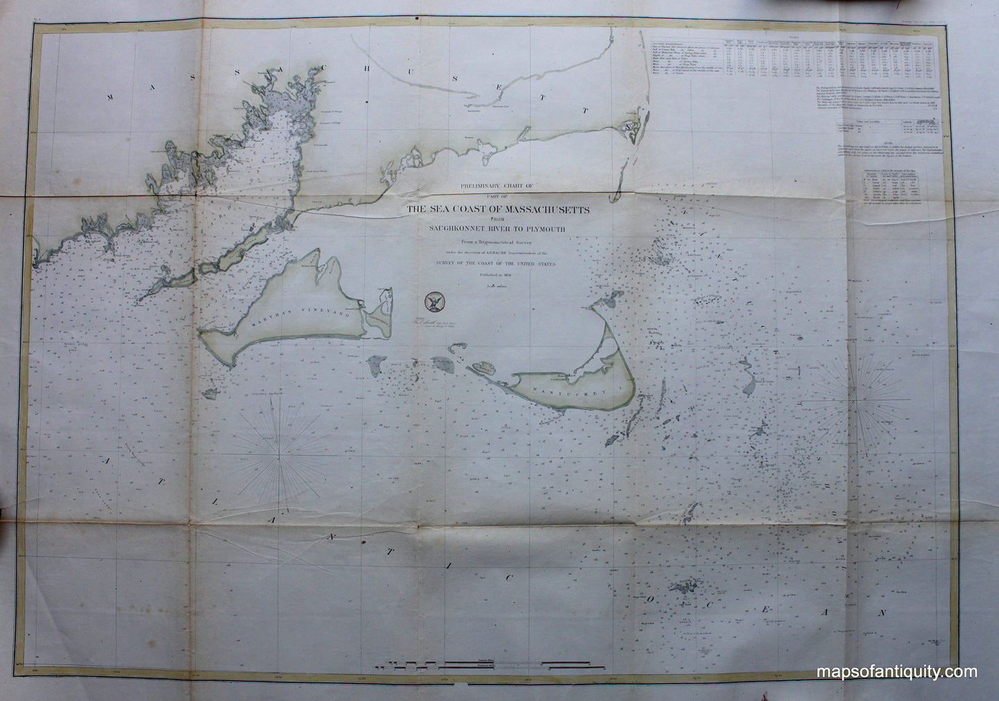 Hand-colored-Nautical-Chart-The-Sea-Coast-of-Massachusetts-from-Saughkonnet-River-to-Plymouth-**********-Massachusetts-Cape-Cod-and-Islands-1856-U.S.-Coast-Survey-Maps-Of-Antiquity