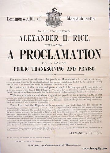 Black-&-White-Printed-Broadside-Proclamation-for-a-Day-of-Public-Thanksgiving-**********-United-States-Massachusetts-1876-Commonwealth-of-Massachusetts-Maps-Of-Antiquity