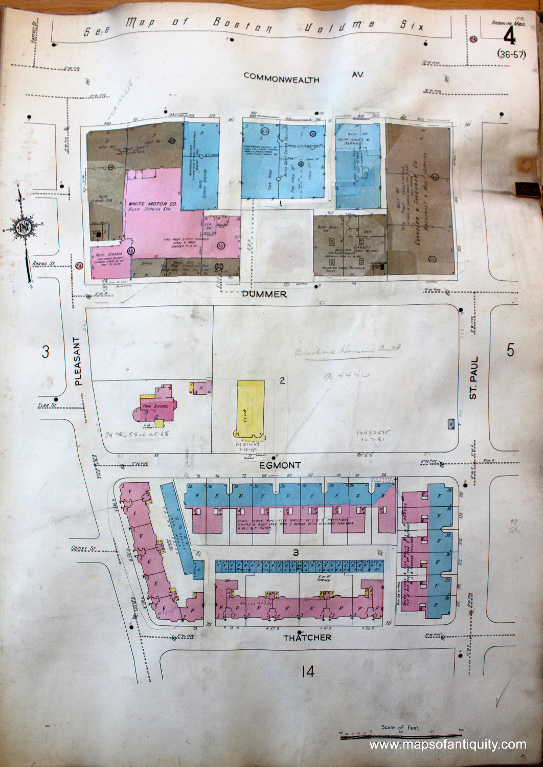 Antique-Hand-Colored-Map-Brookline-Mass.-Wards-4-and-5-United-States-Massachusetts-1925-Sanborn-Map-Co.-Maps-Of-Antiquity