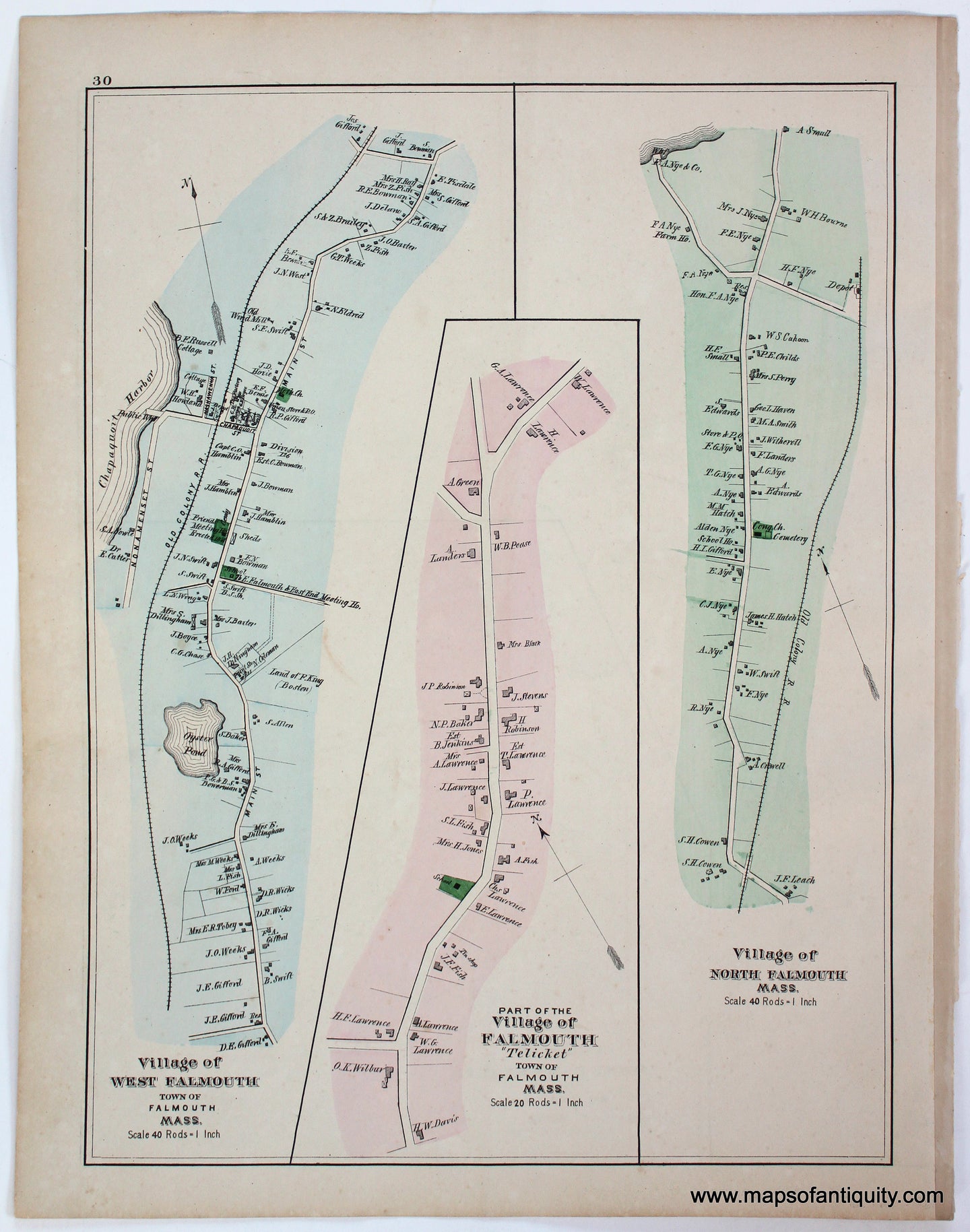 Three street maps, oriented vertically, of Village of West Falmouth, Part of the Village of Falmouth- Teaticket, Village of North Falmouth. Colored in light blue, light pink, and light green (original antique colors) with brighter greens for parks and cemeteries. 