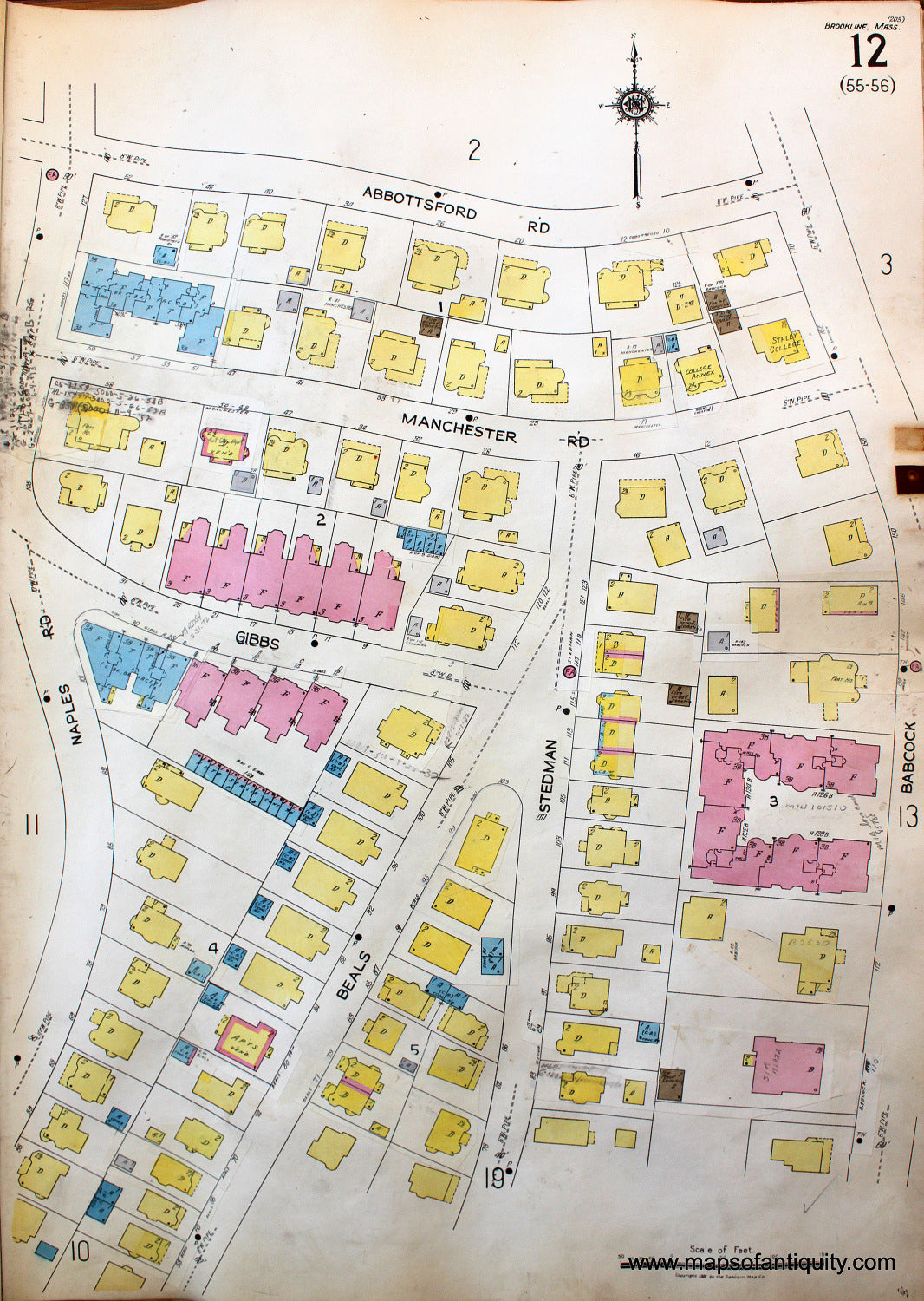 Antique-Hand-Colored-Map-Brookline-Mass.-Wards-12-and-13-with-birthplace-of-John-F-Kennedy-United-States-Massachusetts-1925-Sanborn-Map-Co.-Maps-Of-Antiquity