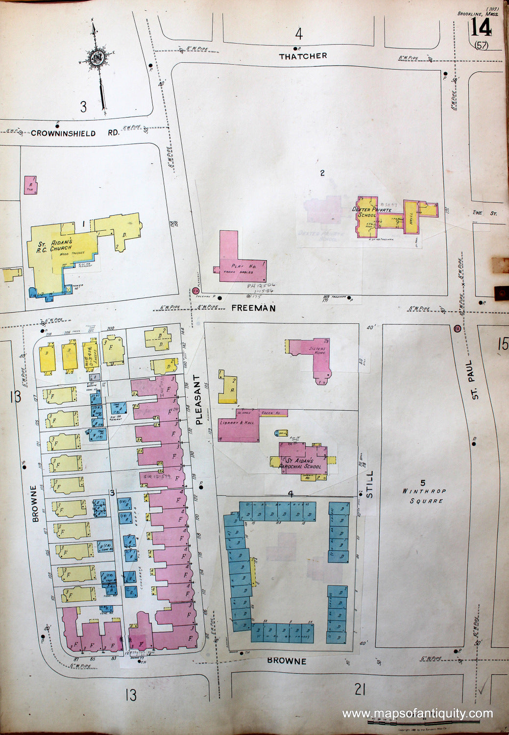 Antique-Hand-Colored-Map-Brookline-Mass.-Wards-14-and-15-United-States-Massachusetts-1925-Sanborn-Map-Co.-Maps-Of-Antiquity