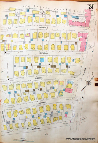 Antique-Hand-Colored-Map-Brookline-Mass.-Wards-24-and-25-United-States-Massachusetts-1925-Sanborn-Map-Co.-Maps-Of-Antiquity