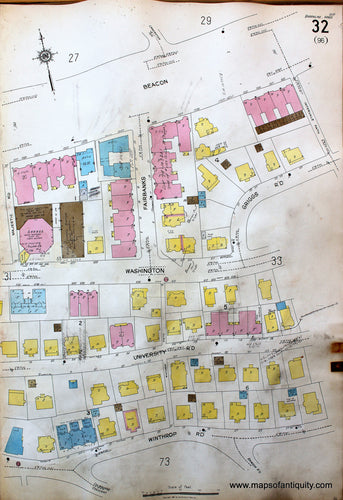 Antique-Hand-Colored-Map-Brookline-Mass.-Wards-32-and-33-United-States-Massachusetts-1925-Sanborn-Map-Co.-Maps-Of-Antiquity