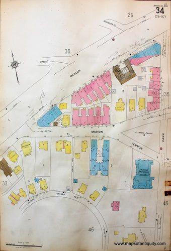 Antique-Hand-Colored-Map-Brookline-Mass.-Wards-34-and-35-United-States-Massachusetts-1925-Sanborn-Map-Co.-Maps-Of-Antiquity