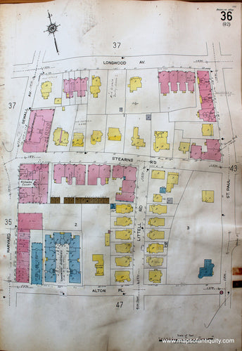 Antique-Hand-Colored-Map-Brookline-Mass.-Wards-36-and-37-United-States-Massachusetts-1925-Sanborn-Map-Co.-Maps-Of-Antiquity